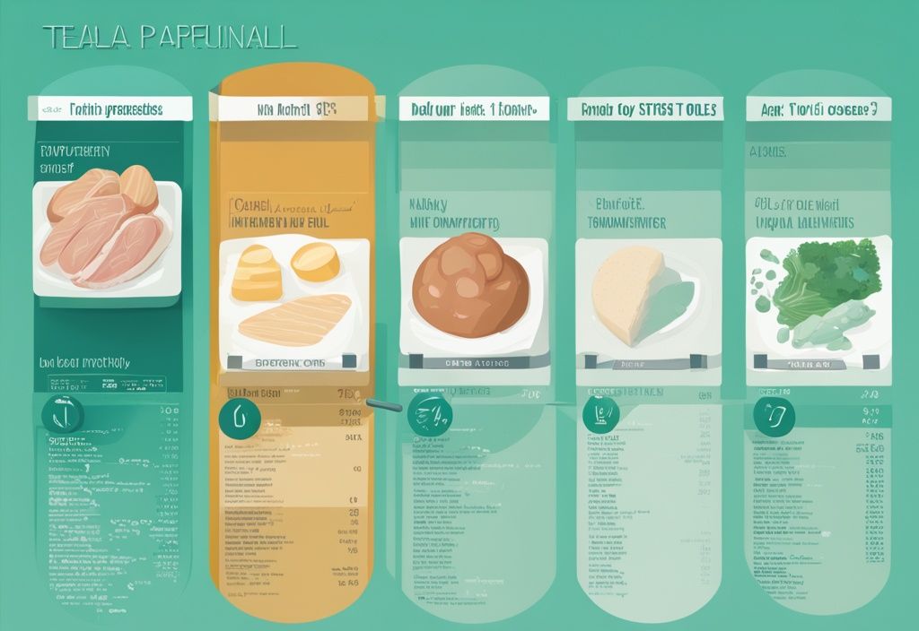 Illustrazione digitale moderna in teal che mostra un grafico vibrante delle quantità giornaliere di proteine raccomandate per diverse fasce d'età e stili di vita.