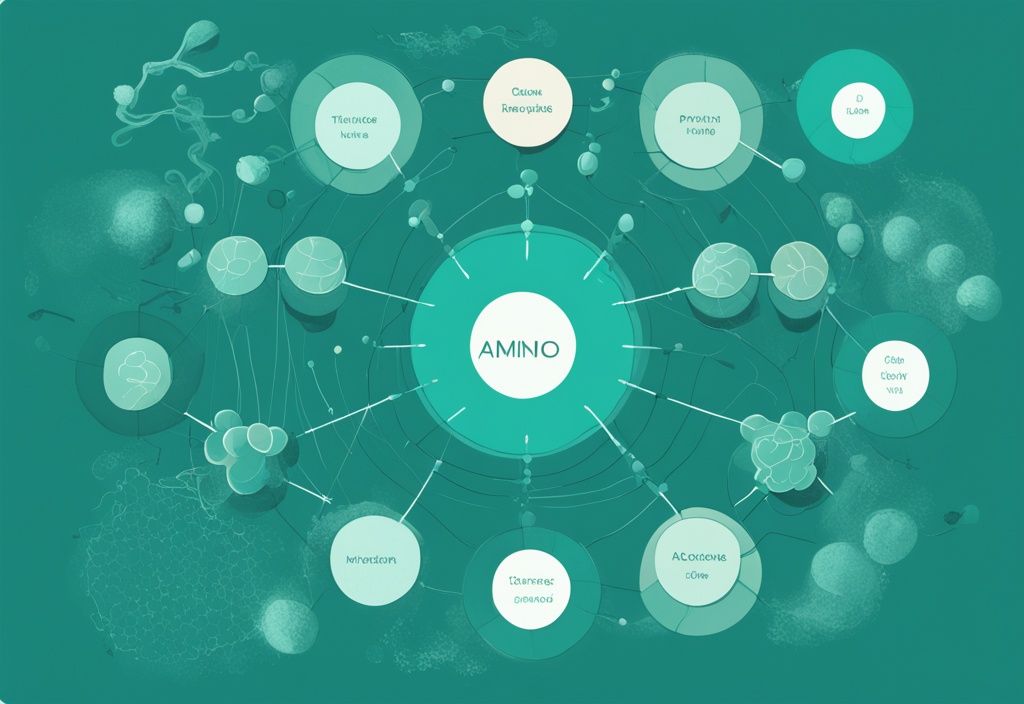 Illustrazione digitale moderna che mostra un diagramma delle relazioni tra aminoacidi essenziali e proteine corrispondenti, con tema principale di colore teal.