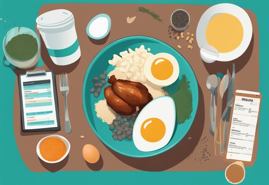 Illustrazione digitale moderna di alimenti proteici come pollo, uova, pesce, lenticchie e frullati proteici, con un piano alimentare giornaliero per raggiungere 60 grammi di proteine al giorno, tema colore teal.