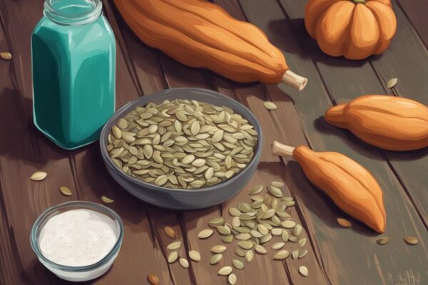 Illustrazione digitale moderna con tema colore teal, vari semi di zucca crudi, tostati e macinati sparsi su un tavolo rustico di legno con una bottiglia di frullato di proteine accanto, semi di zucca proteine.