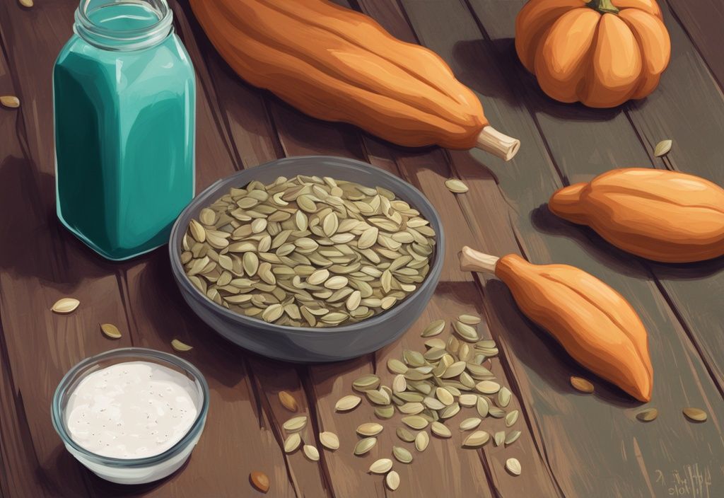 Illustrazione digitale moderna con tema colore teal, vari semi di zucca crudi, tostati e macinati sparsi su un tavolo rustico di legno con una bottiglia di frullato di proteine accanto, semi di zucca proteine.