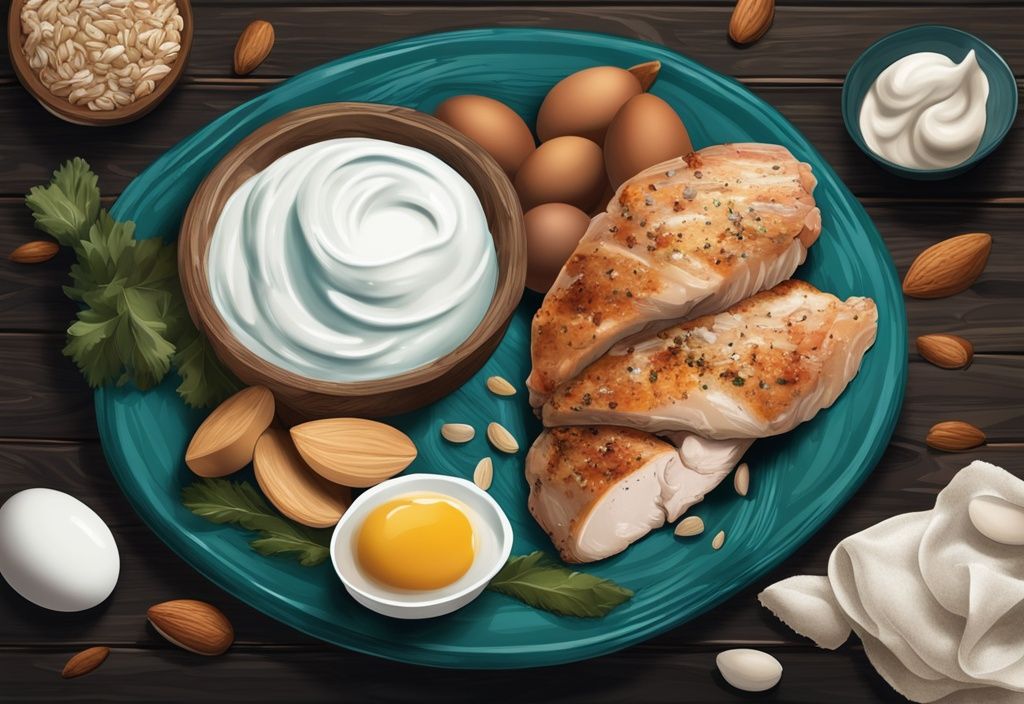 Illustrazione digitale moderna di cibi ad alto contenuto proteico e basso contenuto di carboidrati come petto di pollo, tonno, uova, mandorle e yogurt greco su un tavolo rustico scuro, tema colore teal.