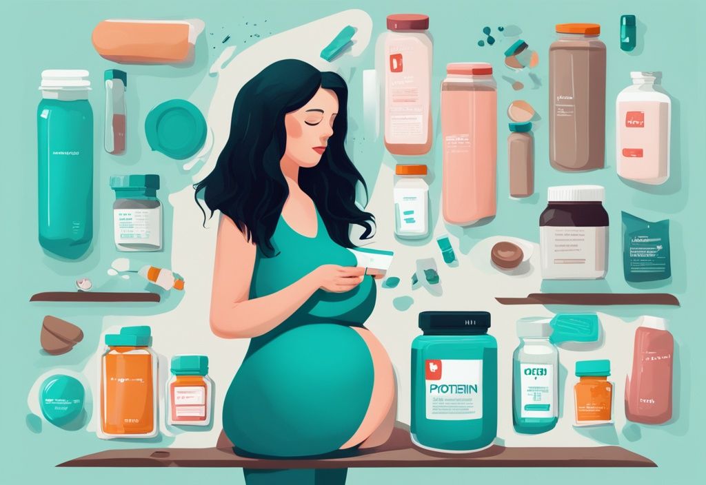 Illustrazione digitale moderna con tema principale color teal, scena di cautela con contenitori di proteine in polvere e simboli di controindicazioni comuni come medicine prescritte, una donna incinta e una persona con condizione renale.