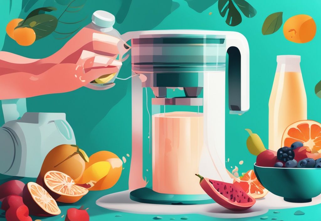 Persona che versa proteine in polvere in un frullatore con frutta fresca e latte, illustrazione digitale moderna a tema teal