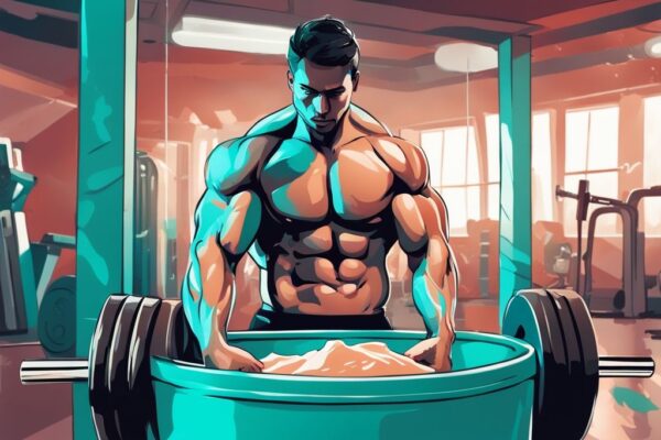 Illustrazione digitale moderna con figura muscolosa che prende un misurino di proteine per massa muscolare da un barattolo vivace, sullo sfondo di una palestra con pesi e attrezzature fitness.