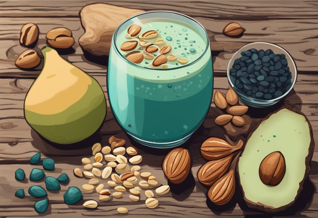 Illustrazione digitale moderna con tema principale color teal: bicchiere di smoothie cremoso e schiumoso accanto a fonti proteiche intere come noci, semi e legumi su una superficie di legno rustico.