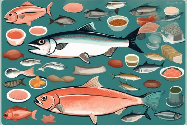 Illustrazione digitale moderna con tema principale color teal, raffigurante vari tipi di pesce con più proteine come salmone, tonno e sgombro, ciascuno etichettato con il rispettivo contenuto proteico.