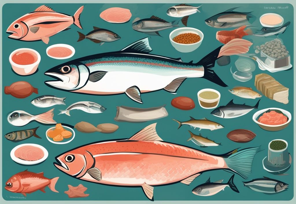 Illustrazione digitale moderna con tema principale color teal, raffigurante vari tipi di pesce con più proteine come salmone, tonno e sgombro, ciascuno etichettato con il rispettivo contenuto proteico.