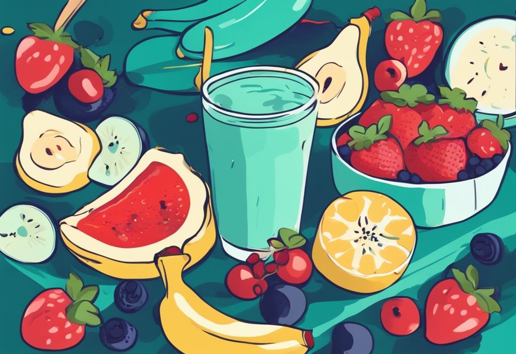 Illustrazione digitale moderna con tema cromatico teal, frutta fresca come banane, fragole e mirtilli, e bicchiere di vetro pieno di frullato proteico senza proteine in polvere.