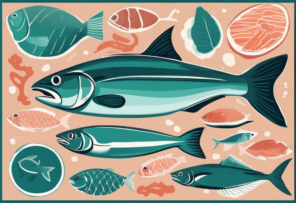 Illustrazione digitale moderna con tema principale color teal, raffigurante vari tipi di pesce con più proteine, tra cui salmone, tonno e sgombro, ciascuno etichettato con il rispettivo contenuto proteico.