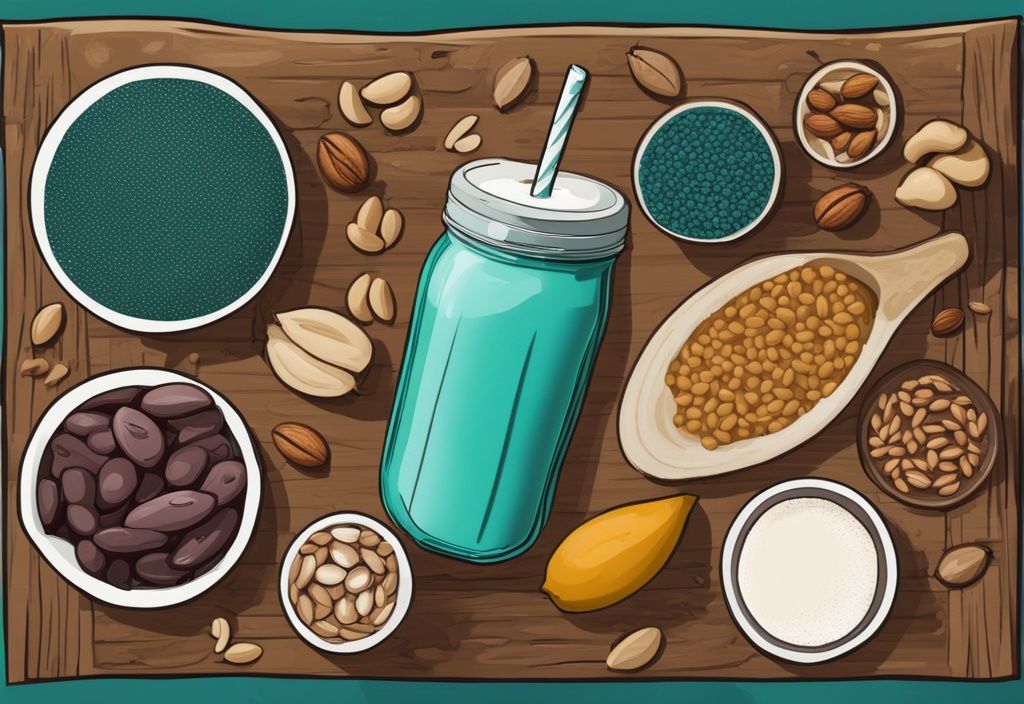 Illustrazione digitale moderna di un bicchiere di smoothie cremoso e spumoso accanto a fonti di proteine integrali come noci, semi e legumi su una superficie di legno rustico, con tema principale di colore teal.