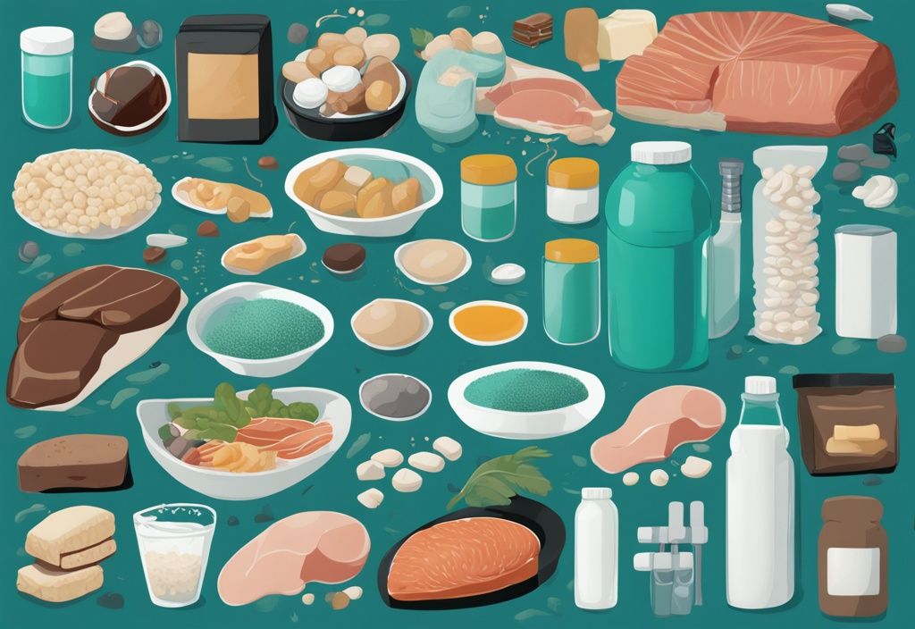 Illustrazione digitale moderna con tema di colore teal che mostra un grafico indicativo delle quantità di proteine in vari alimenti e integratori, con raccomandazioni giornaliere per guadagnare massa muscolare, quante proteine al giorno per massa.