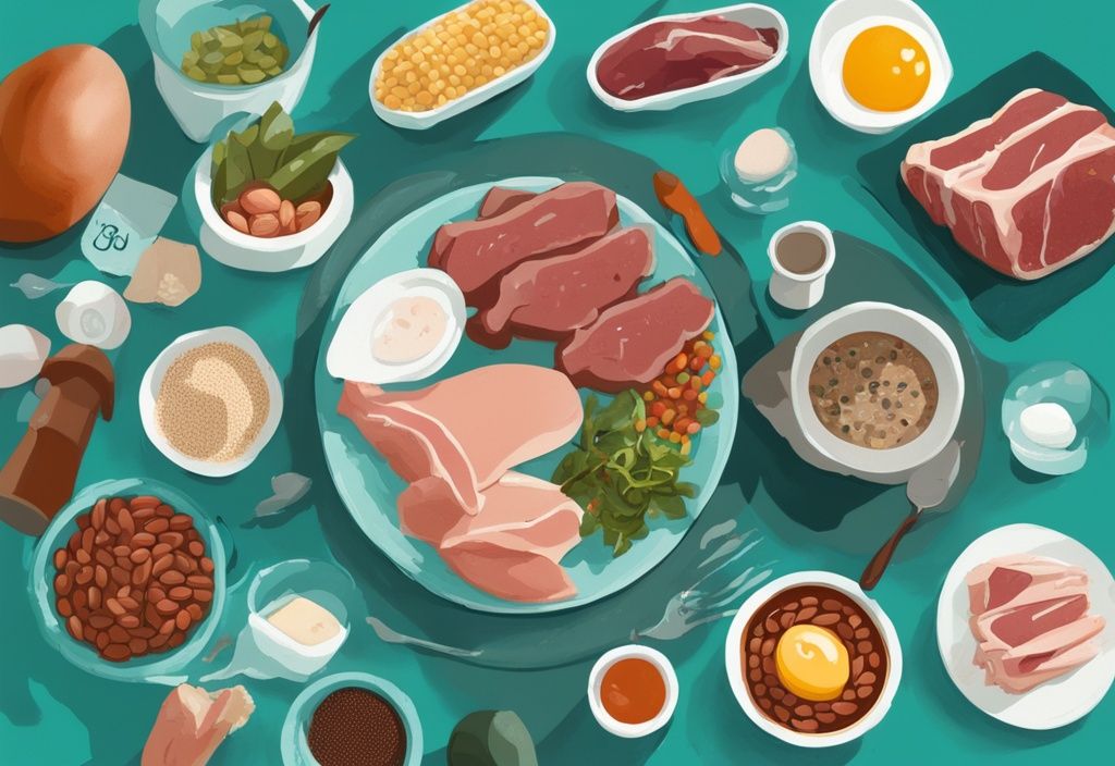 Illustrazione digitale moderna con tema principale teal, che mostra alimenti ad alto contenuto proteico come carne, uova e fagioli con numeri sulle quantità di proteine, accanto a una persona che fa attività fisica, per spiegare quante proteine assumere al giorno.