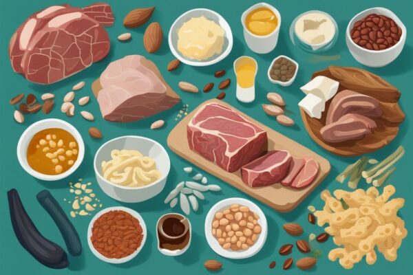 Illustrazione digitale moderna con tema principale color teal che mostra vari cibi come carne, fagioli, pane, pasta, noci, burro e olio, ciascuno etichettato con i suoi nutrienti corrispondenti: proteine, carboidrati e grassi.