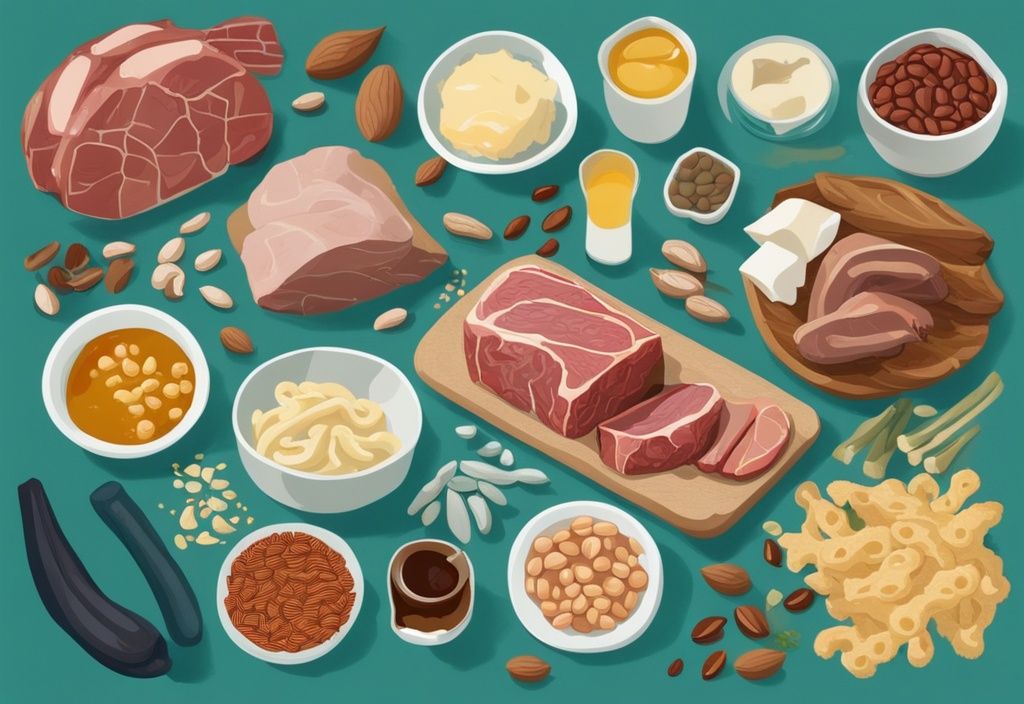 Illustrazione digitale moderna con tema principale color teal che mostra vari cibi come carne, fagioli, pane, pasta, noci, burro e olio, ciascuno etichettato con i suoi nutrienti corrispondenti: proteine, carboidrati e grassi.