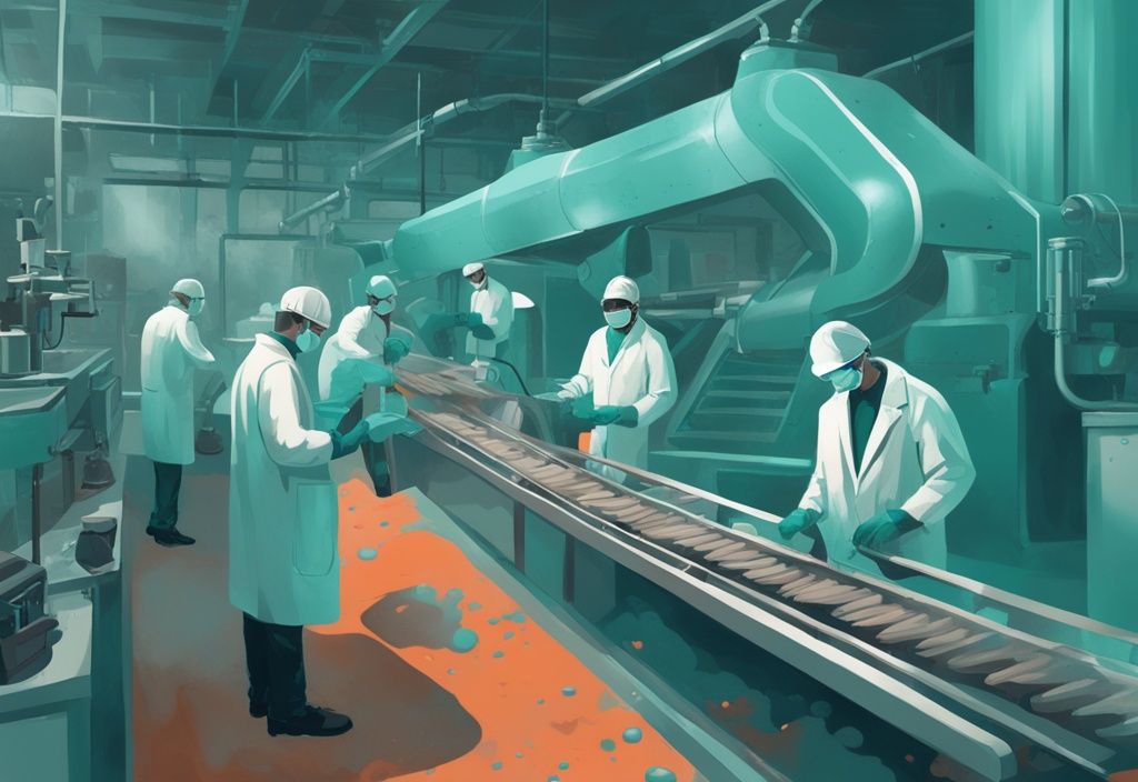 Illustrazione digitale moderna con tema principale color teal, raffigurante un nastro trasportatore con un flusso di polvere, circondato da grandi macchinari industriali, con lavoratori in camici bianchi che supervisionano il processo.