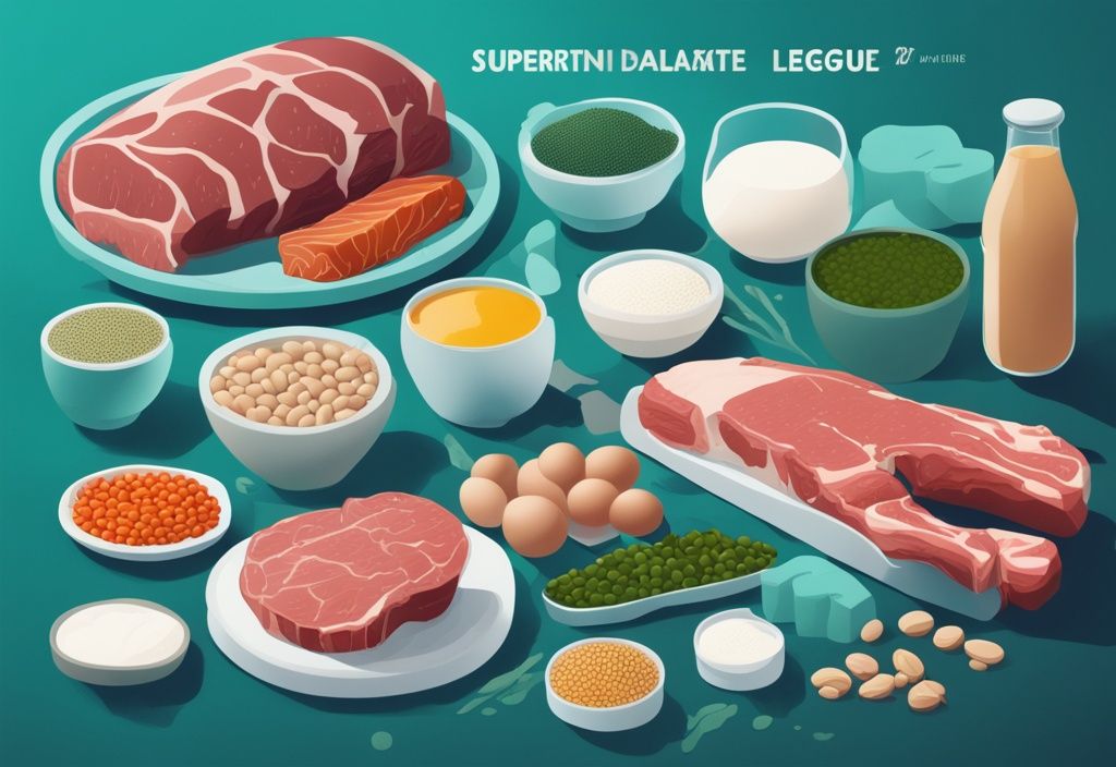 Illustrazione digitale moderna con tema colore teal che mostra varie fonti di proteine come carne, latticini e legumi, con testo sovrapposto che indica l'assunzione giornaliera raccomandata per la crescita muscolare.