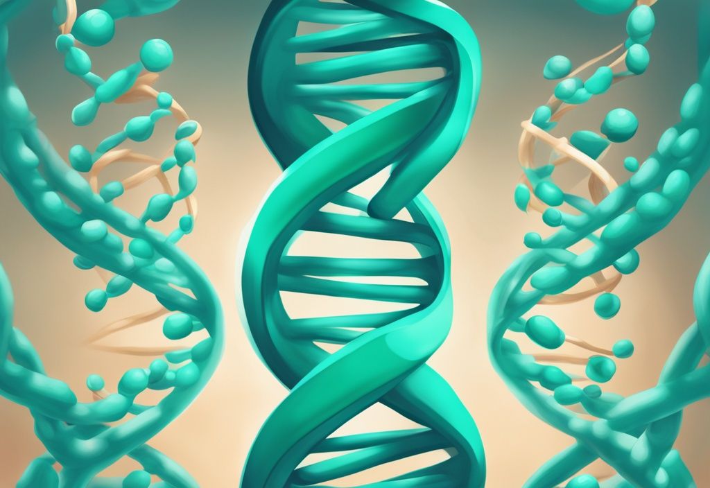 Illustrazione moderna di una molecola di DNA che si srotola per produrre un filamento di RNA, costruendo una catena di amminoacidi, rappresentazione della sintesi delle proteine spiegazione semplice.