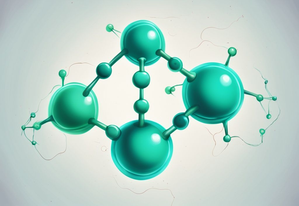 Illustrazione digitale moderna con tema principale color teal, raffigurante due molecole di proteine dei piselli con aree segnate, simbolizzando potenziali controindicazioni o effetti dannosi.