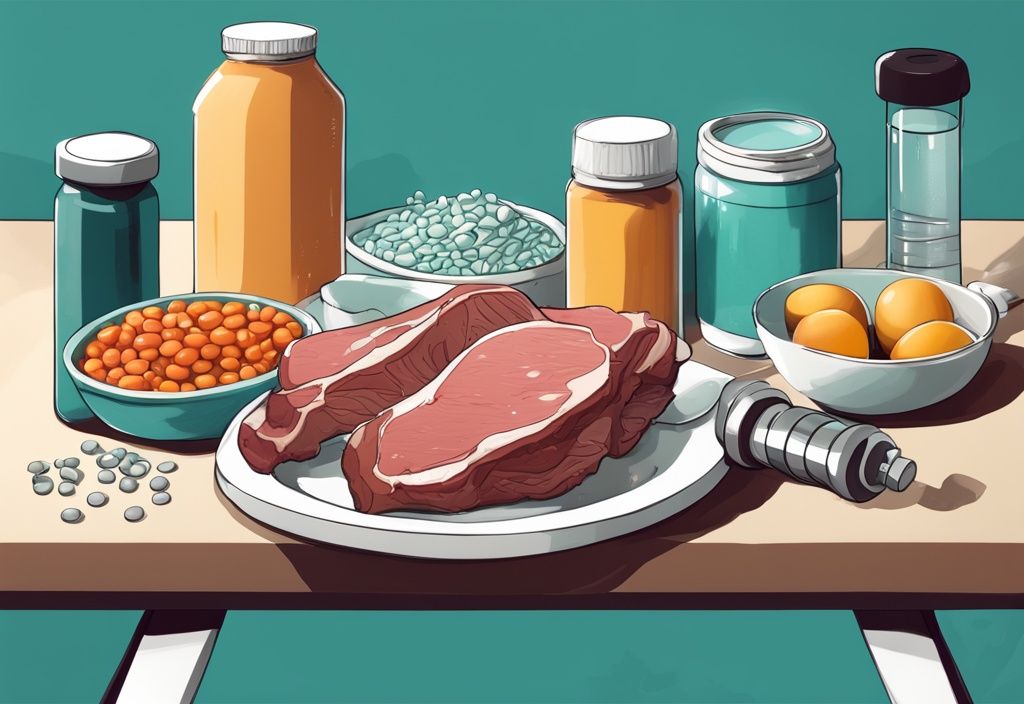 Illustrazione digitale moderna con tema principale color teal, raffigurante alimenti ricchi di proteine come uova, carne e lenticchie accanto a integratori di aminoacidi, disposti su una panca da palestra con pesi e attrezzature fitness.