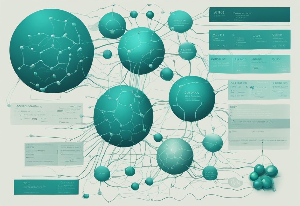 Illustrazione digitale moderna che mostra un diagramma delle relazioni tra aminoacidi essenziali e proteine corrispondenti, tema colore teal.