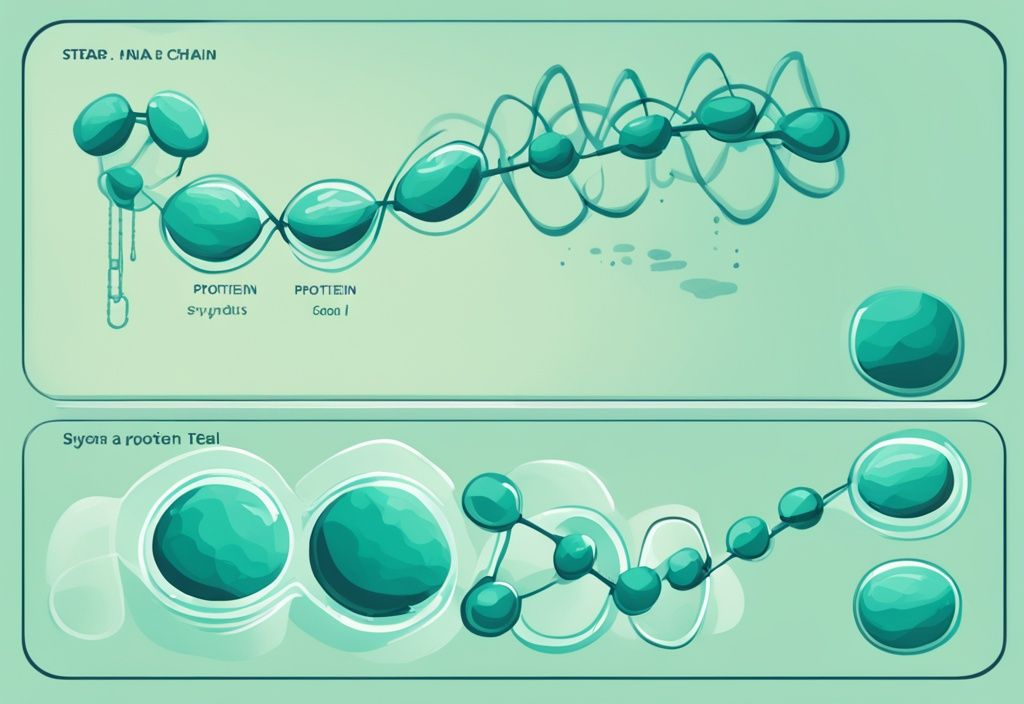 Illustrazione moderna della sintesi proteica in stile cartoon con DNA, mRNA, ribosomi e catena proteica, tema colore teal