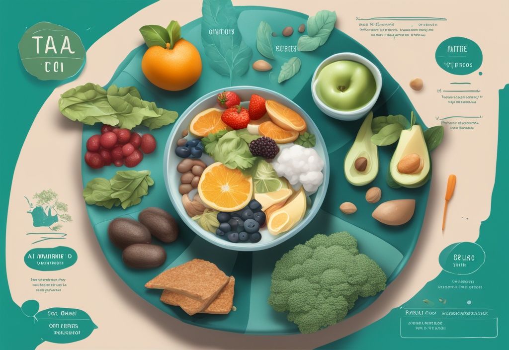 Illustrazione digitale moderna con tema principale in teal, che mostra alimenti ricchi di nutrienti con etichette sui loro contenuti di aminoacidi essenziali, circondata da un'infografica sulle dosi giornaliere raccomandate.