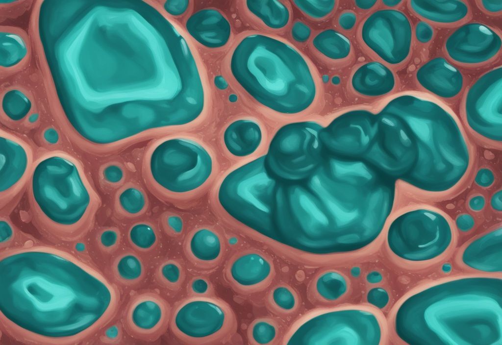 Illustrazione digitale moderna di proteine idrolizzate o isolate, con strutture evidenziate per indicare il processo di scomposizione o isolamento, tema colore principale teal.