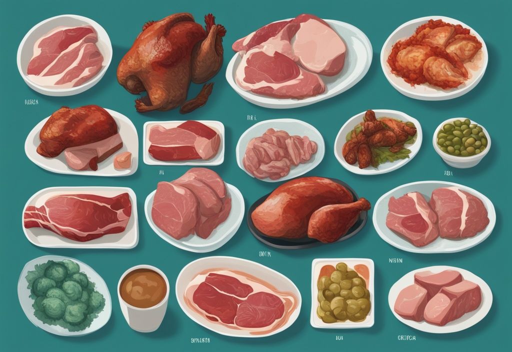 Illustrazione moderna di carne digitalizzata con pollo magro, tacchino, bistecca e pesce, etichettati con contenuti proteici, tema colore teal.