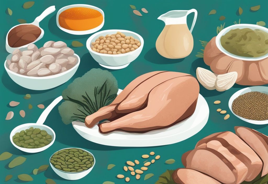 Illustrazione digitale moderna di alimenti ricchi di arginina: petto di tacchino, lonza di maiale, pollo, semi di zucca e soia, con tema colore principale verde acqua.