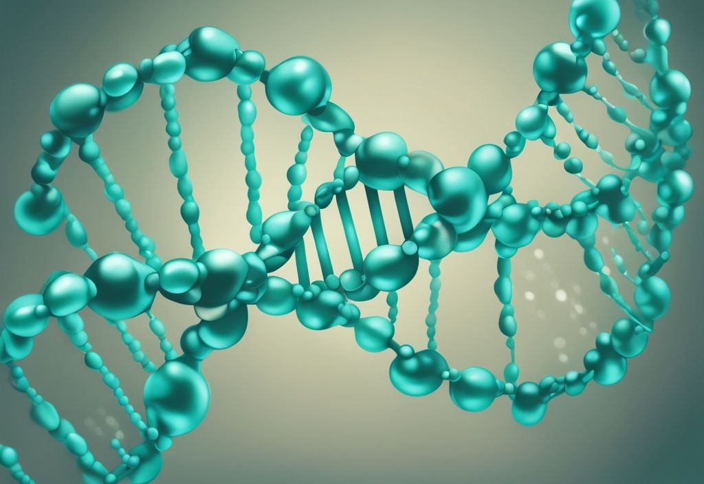 Illustrazione digitale moderna che mostra una molecola di DNA che si srotola per produrre un filamento di RNA, costruendo una catena di amminoacidi, rappresentando la sintesi delle proteine spiegazione semplice.