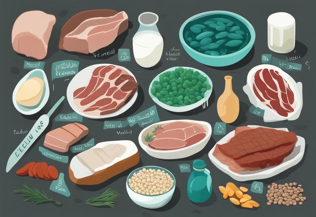 Illustrazione digitale moderna di cibi ricchi di proteine come carne, pesce, legumi, semi e latticini, con tema colore teal.