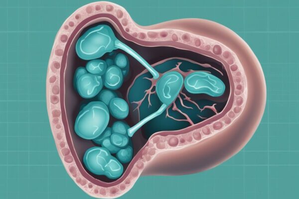 Illustrazione digitale moderna di un rene con aree evidenziate che indicano le cause delle proteine nelle urine.