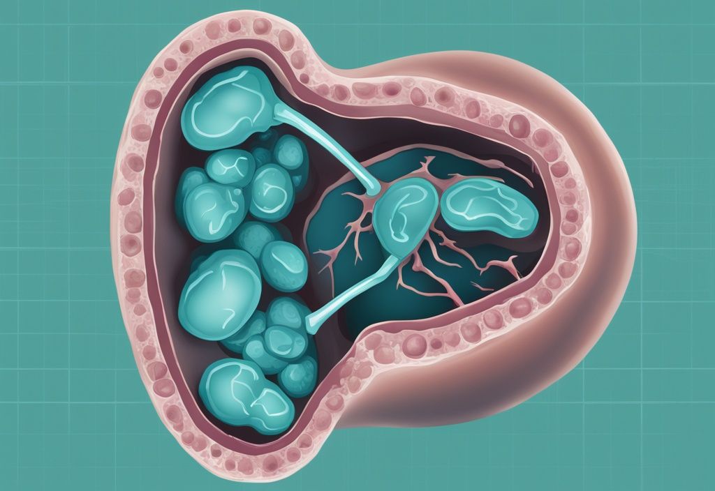 Illustrazione digitale moderna di un rene con aree evidenziate che indicano le cause delle proteine nelle urine.