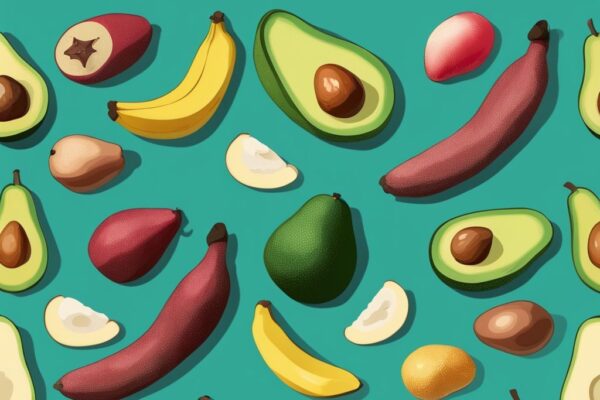 Illustrazione moderna di frutta con più proteine, con avocado, banane e guava in tonalità di teal, ciascuno etichettato con il contenuto proteico.