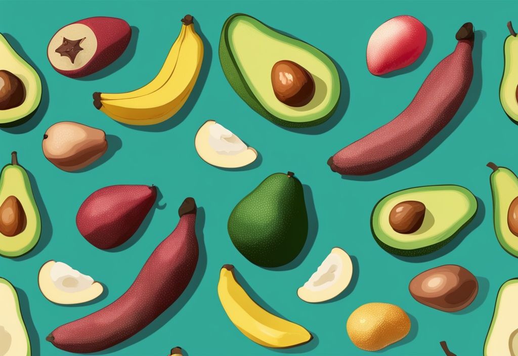 Illustrazione moderna di frutta con più proteine, con avocado, banane e guava in tonalità di teal, ciascuno etichettato con il contenuto proteico.