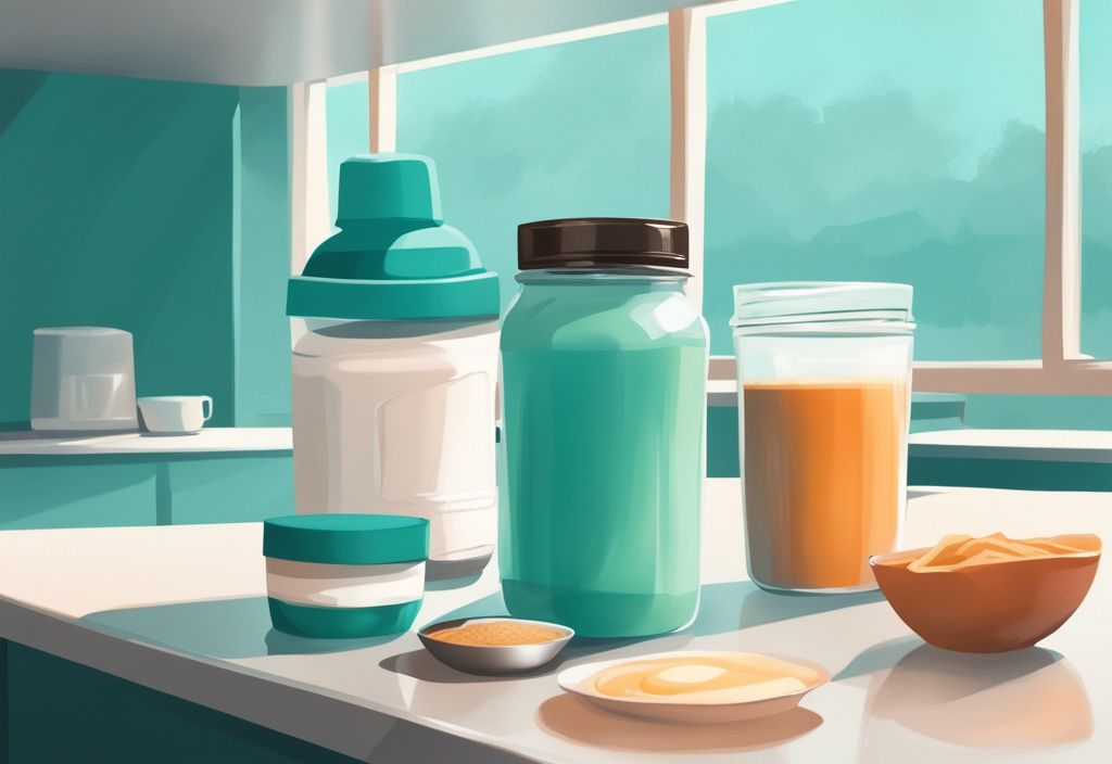 Illustrazione digitale moderna con tema coloristico teal, scena mattutina luminosa e salutare, contenitore di proteine in polvere, shaker pieno e colazione bilanciata su un bancone pulito e moderno.