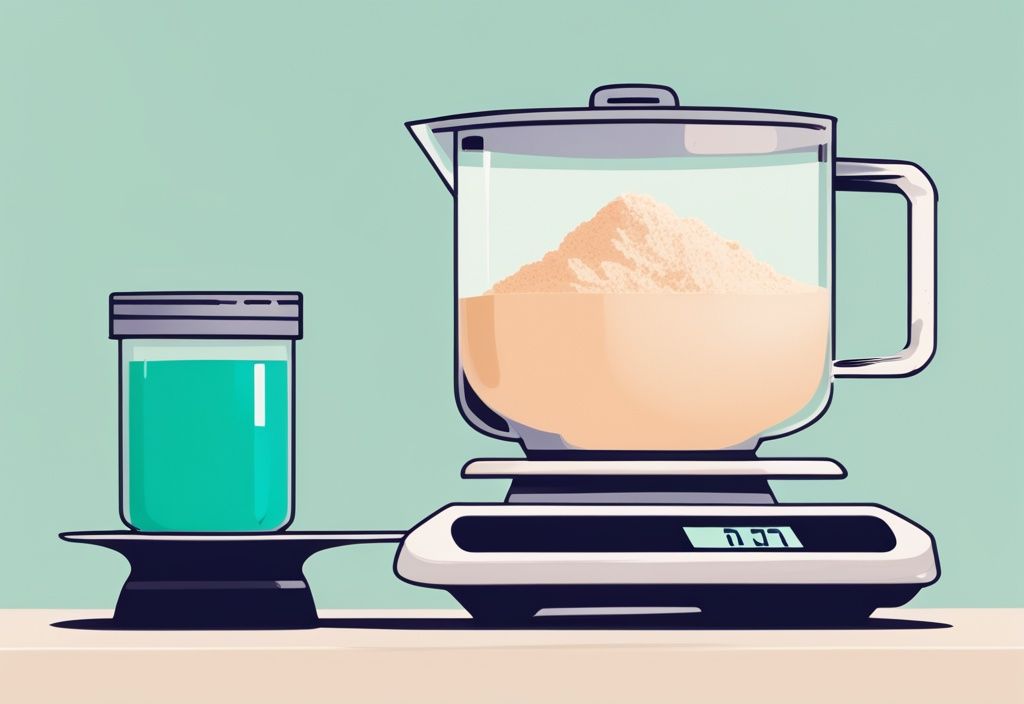 Illustrazione digitale moderna con tema colore teal, misurino di proteine in polvere su bilancia alimentare che mostra le calorie.