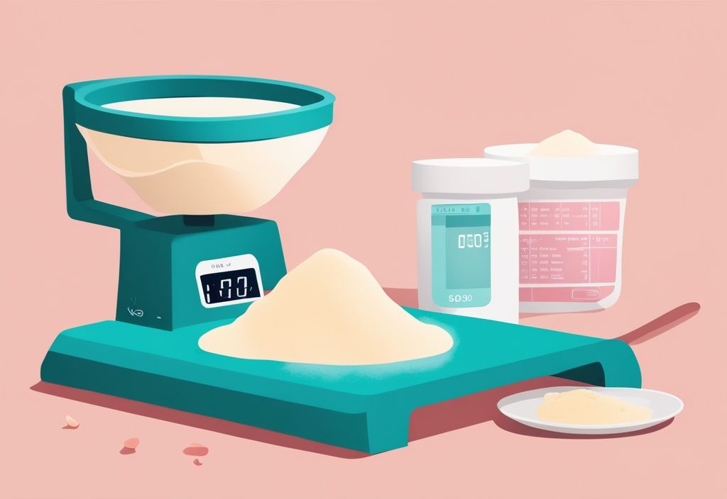 Illustrazione digitale moderna con tema colore teal, misurino di proteine in polvere su bilancia alimentare che mostra le calorie.