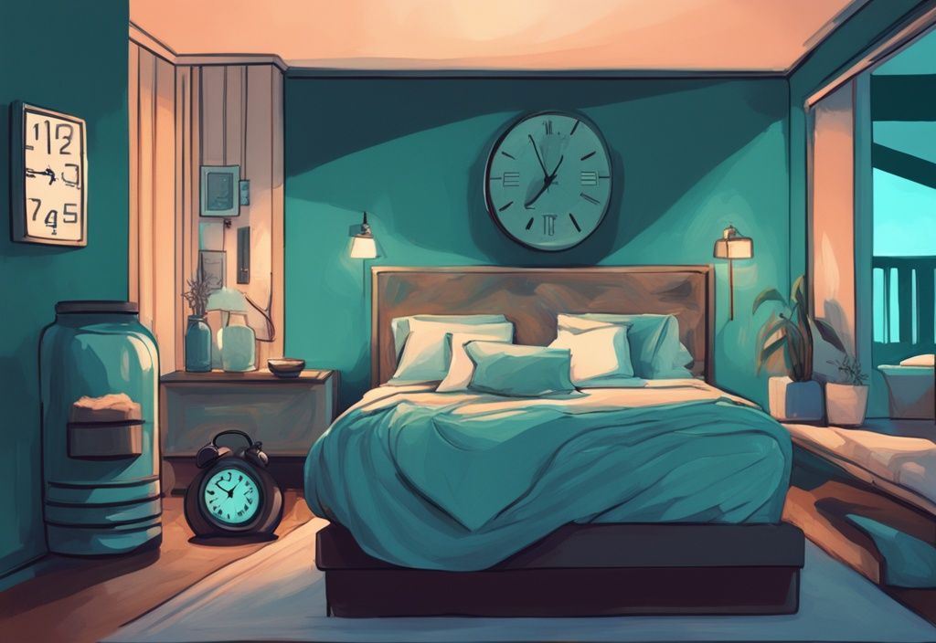 Illustrazione digitale moderna di una camera da letto serena con tema colore teal, un comodino con un bicchiere di frullato proteico, un barattolo di polvere proteica e un orologio digitale che segna un'ora tarda; proteine prima di dormire.