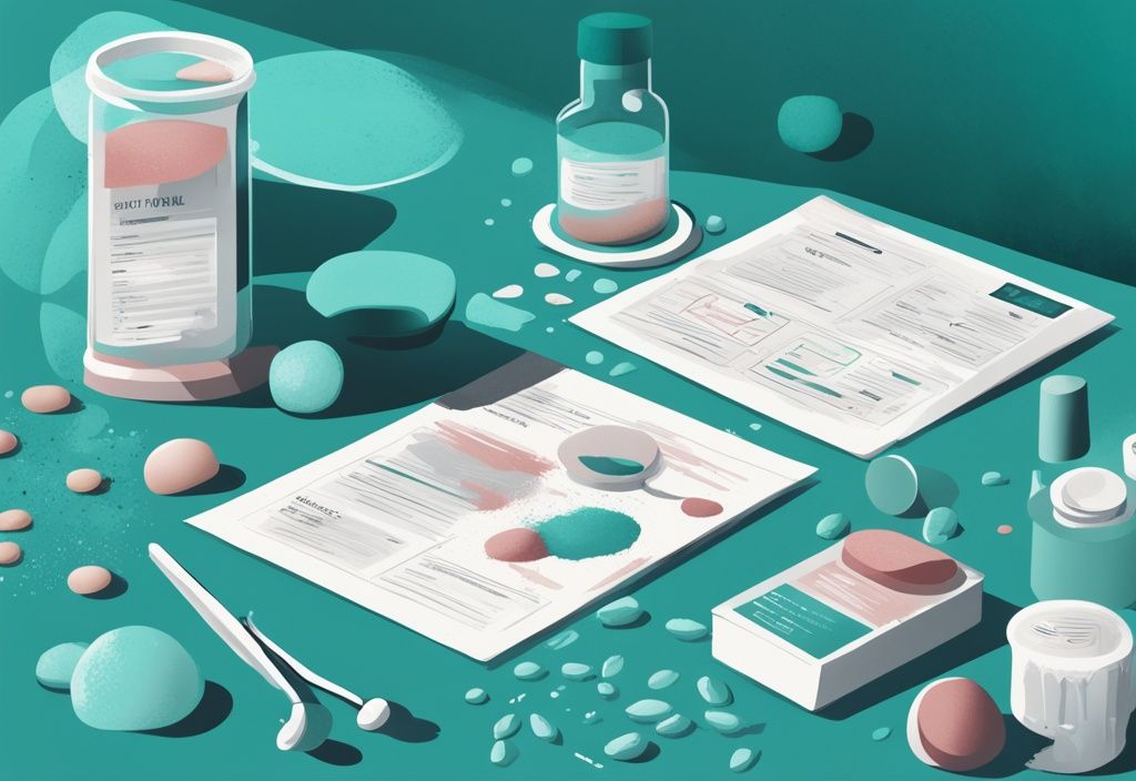 Illustrazione digitale moderna con tema principale color teal, proteine in polvere sparse su un tavolo accanto a documentazione medica e diagrammi che raffigurano tumori.