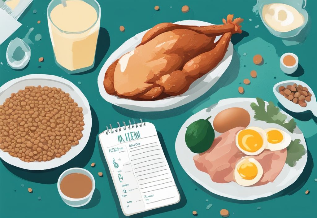 Illustrazione digitale moderna con tema colore teal che mostra fonti proteiche come pollo, uova, pesce, lenticchie e frullati proteici accanto a un piano alimentare giornaliero per raggiungere 60 grammi di proteine al giorno.