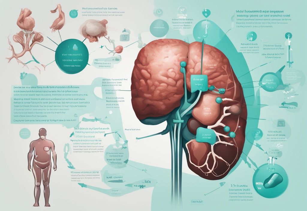 Illustrazione digitale moderna con tema principale color teal, infografica che mostra il corpo umano evidenziando organi chiave come fegato e reni, con frecce che puntano a bolle di testo che illustrano le possibili cause di bassi livelli di proteine totali.