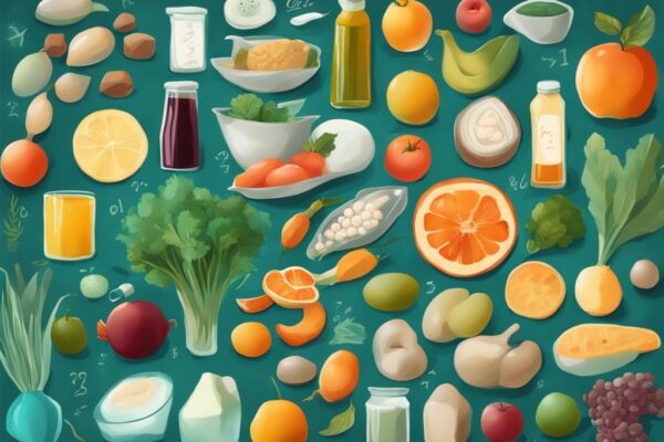 Illustrazione digitale moderna di cibi sani con tema principale color teal, che mostra quanti aminoacidi essenziali assumere ogni alimento, su sfondo chiaro.