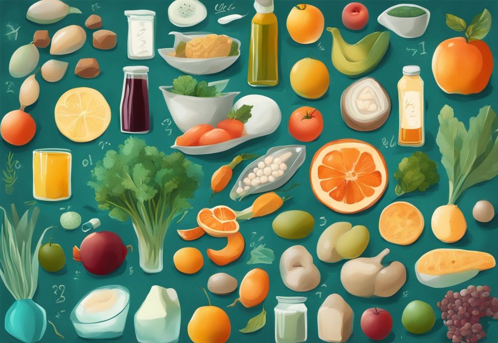 Illustrazione digitale moderna di cibi sani con tema principale color teal, che mostra quanti aminoacidi essenziali assumere ogni alimento, su sfondo chiaro.