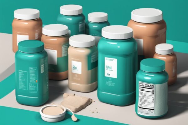 Illustrazione digitale moderna con contenitori di proteine in polvere, etichette nutrizionali visibili con diversi valori nutrizionali, colore principale teal.