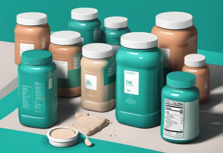 Illustrazione digitale moderna con contenitori di proteine in polvere, etichette nutrizionali visibili con diversi valori nutrizionali, colore principale teal.