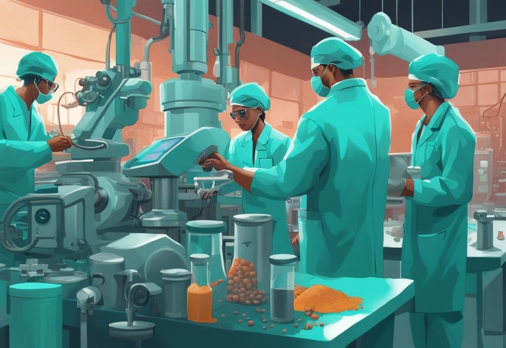 Illustrazione digitale moderna di operai di fabbrica in camici bianchi che lavorano con macchinari per trasformare ingredienti grezzi in proteine in polvere, mostrando come vengono fatte le proteine in polvere.