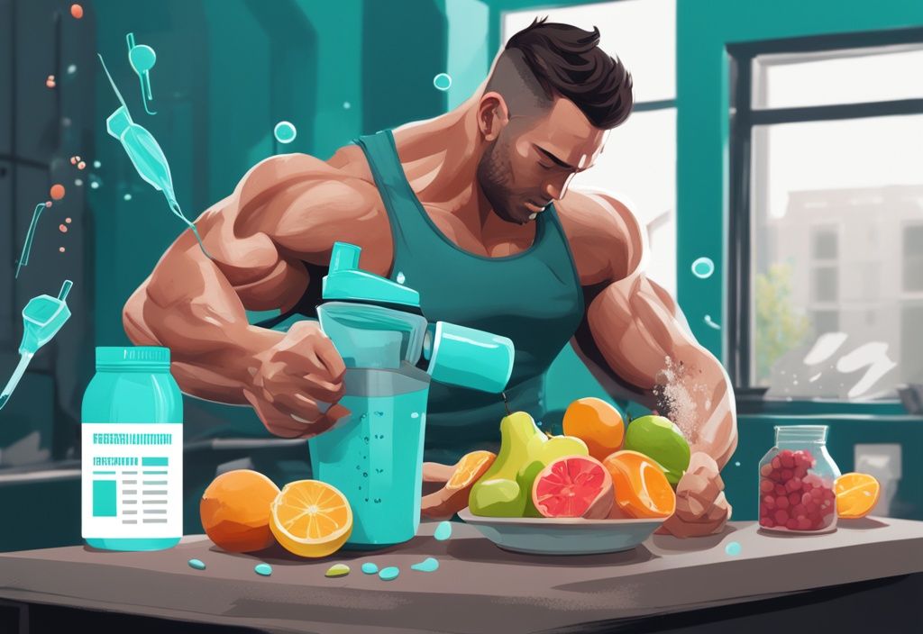 Illustrazione digitale moderna di un atleta muscoloso che versa proteine in polvere in un frullatore con frutta, con infografiche che mostrano i benefici delle proteine in polvere come crescita muscolare, aumento della forza e tempi di recupero più rapidi.