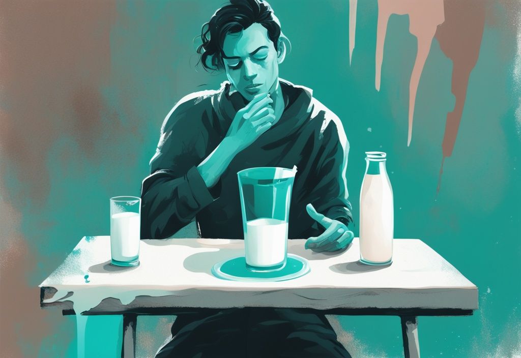 Illustrazione digitale moderna con tema principale color teal, persona angosciata seduta a un tavolo da pranzo che spinge via un bicchiere di latte con un chiaro segno di croce, simbolo di intolleranza proteine del latte.